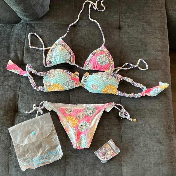 OndadeMar Multicolor Floral 3 Piece Bikini Set, triangle & bandeau top & bottoms - Picture 1 of 2
